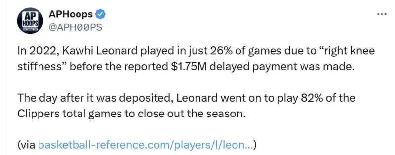 巧合？22年伦纳德因伤出战26%比赛，收到175万隔天就出战